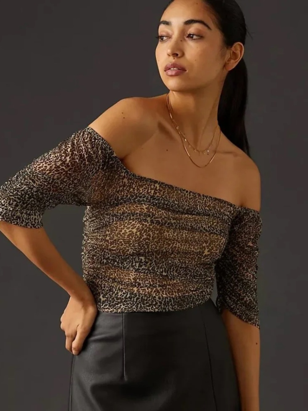 Anthropologie leopard print shirred mesh top - large